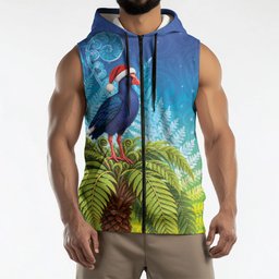 New Zealand Christmas Sleeveless Zip Hoodie Pukeko With Ponga Tree Silver Fern
