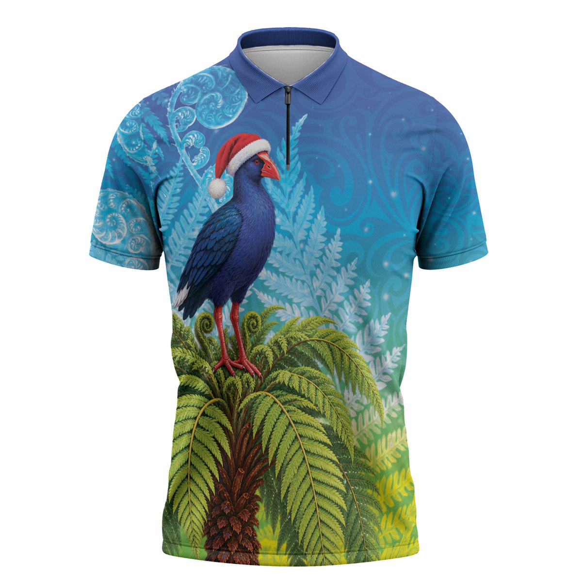 New Zealand Christmas Zipper Polo Shirt Pukeko With Ponga Tree Silver Fern