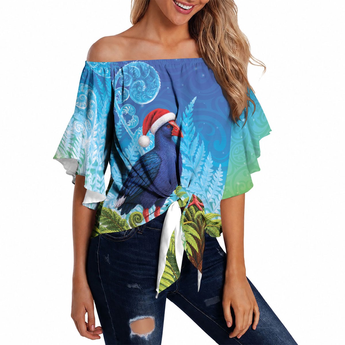 New Zealand Christmas Off Shoulder Wrap Waist Top Pukeko With Ponga Tree Silver Fern