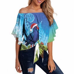 New Zealand Christmas Off Shoulder Wrap Waist Top Pukeko With Ponga Tree Silver Fern