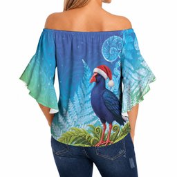 New Zealand Christmas Off Shoulder Wrap Waist Top Pukeko With Ponga Tree Silver Fern