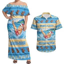 New Zealand Christmas Couples Matching Off Shoulder Maxi Dress and Hawaiian Shirt Have A Kiwi Manu-Mas