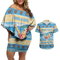 New Zealand Christmas Couples Matching Off Shoulder Short Dress and Hawaiian Shirt Have A Kiwi Manu-Mas