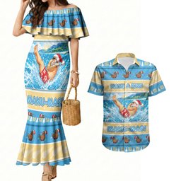 New Zealand Christmas Couples Matching Mermaid Dress and Hawaiian Shirt Have A Kiwi Manu-Mas