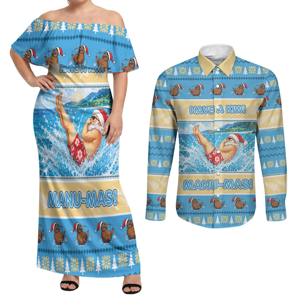 New Zealand Christmas Couples Matching Off Shoulder Maxi Dress and Long Sleeve Button Shirt Have A Kiwi Manu-Mas