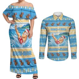 New Zealand Christmas Couples Matching Off Shoulder Maxi Dress and Long Sleeve Button Shirt Have A Kiwi Manu-Mas