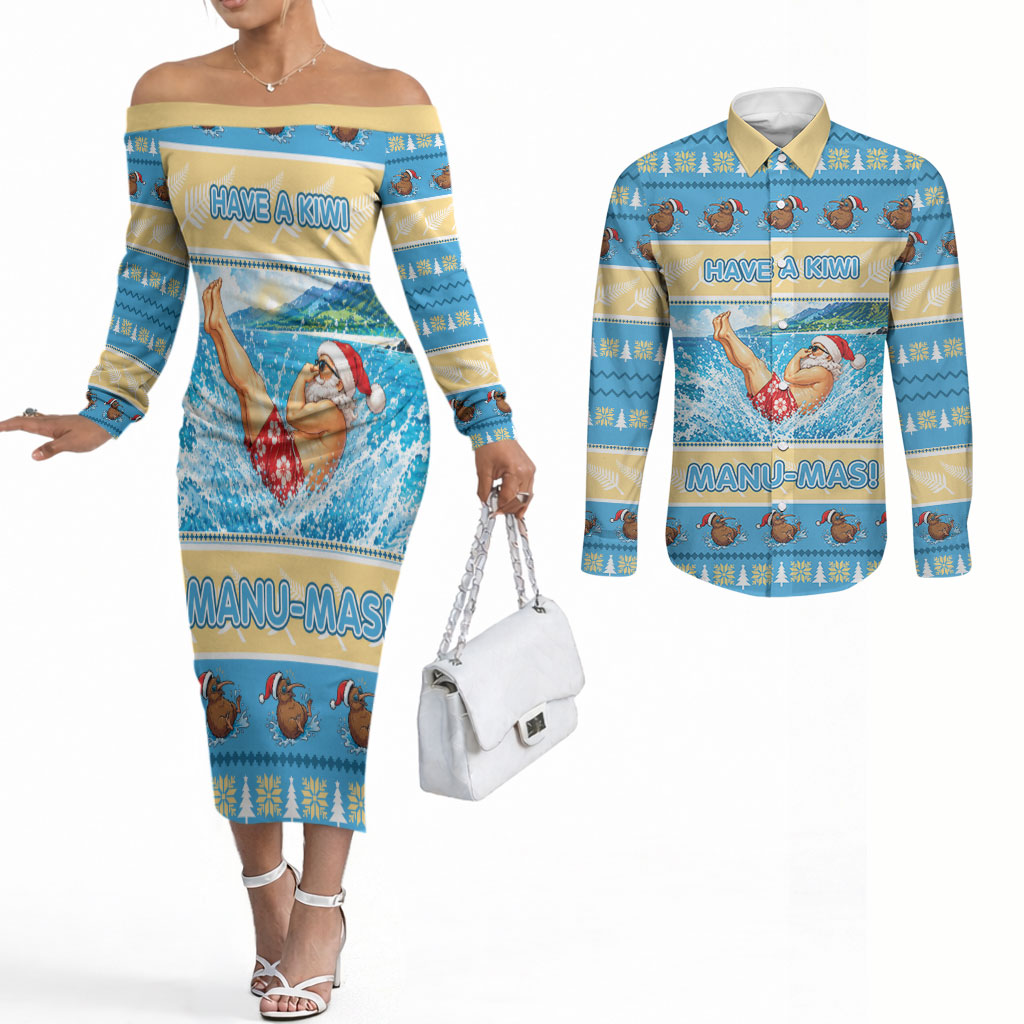 New Zealand Christmas Couples Matching Off The Shoulder Long Sleeve Dress and Long Sleeve Button Shirt Have A Kiwi Manu-Mas