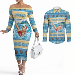 New Zealand Christmas Couples Matching Off The Shoulder Long Sleeve Dress and Long Sleeve Button Shirt Have A Kiwi Manu-Mas