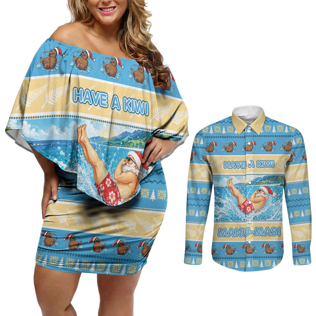 New Zealand Christmas Couples Matching Off Shoulder Short Dress and Long Sleeve Button Shirt Have A Kiwi Manu-Mas