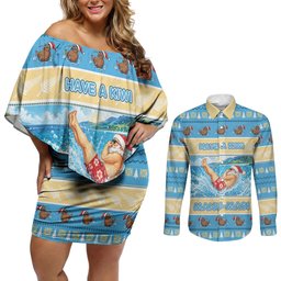 New Zealand Christmas Couples Matching Off Shoulder Short Dress and Long Sleeve Button Shirt Have A Kiwi Manu-Mas