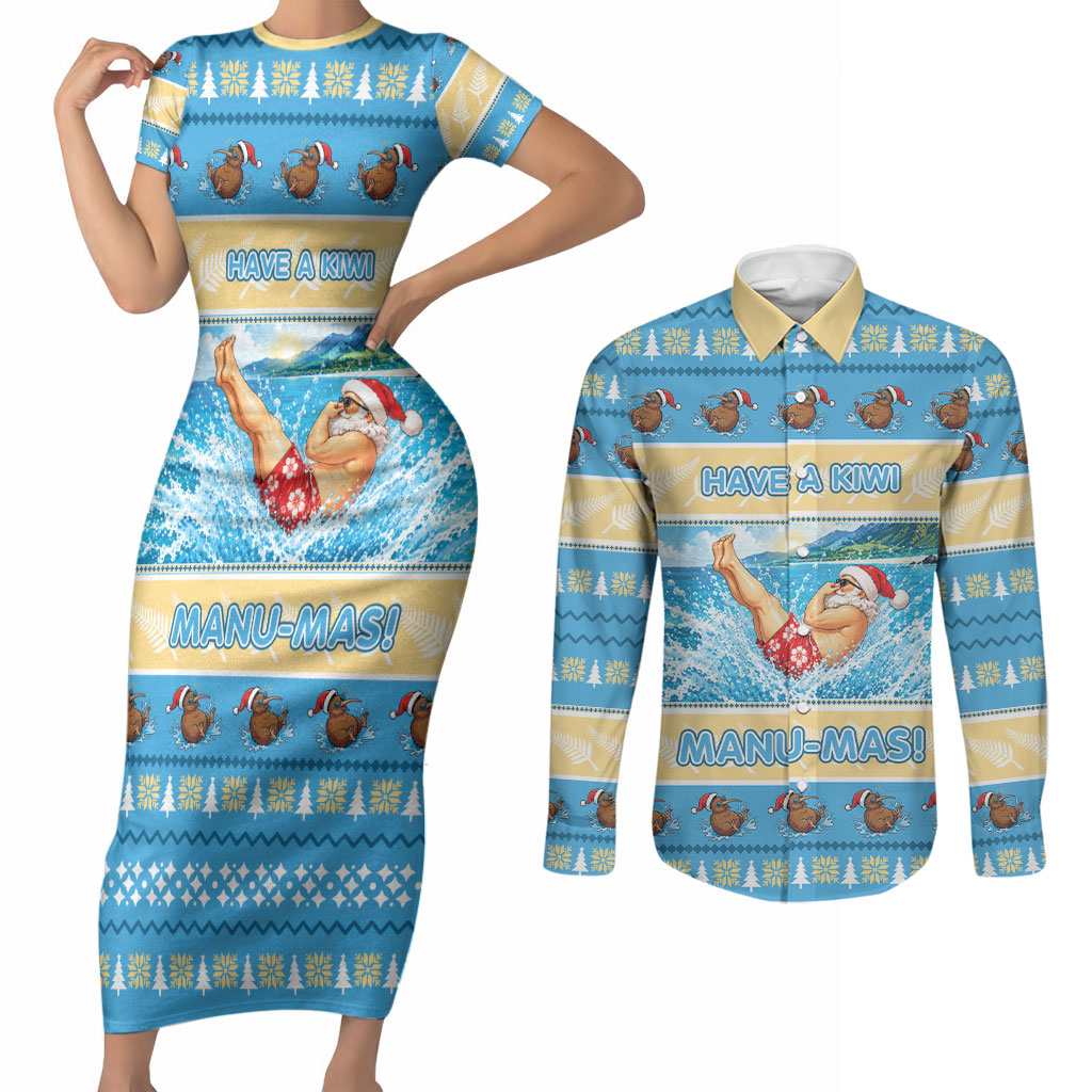 New Zealand Christmas Couples Matching Short Sleeve Bodycon Dress and Long Sleeve Button Shirt Have A Kiwi Manu-Mas