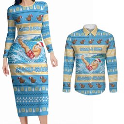 New Zealand Christmas Couples Matching Long Sleeve Bodycon Dress and Long Sleeve Button Shirt Have A Kiwi Manu-Mas