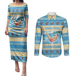 New Zealand Christmas Couples Matching Puletasi and Long Sleeve Button Shirt Have A Kiwi Manu-Mas
