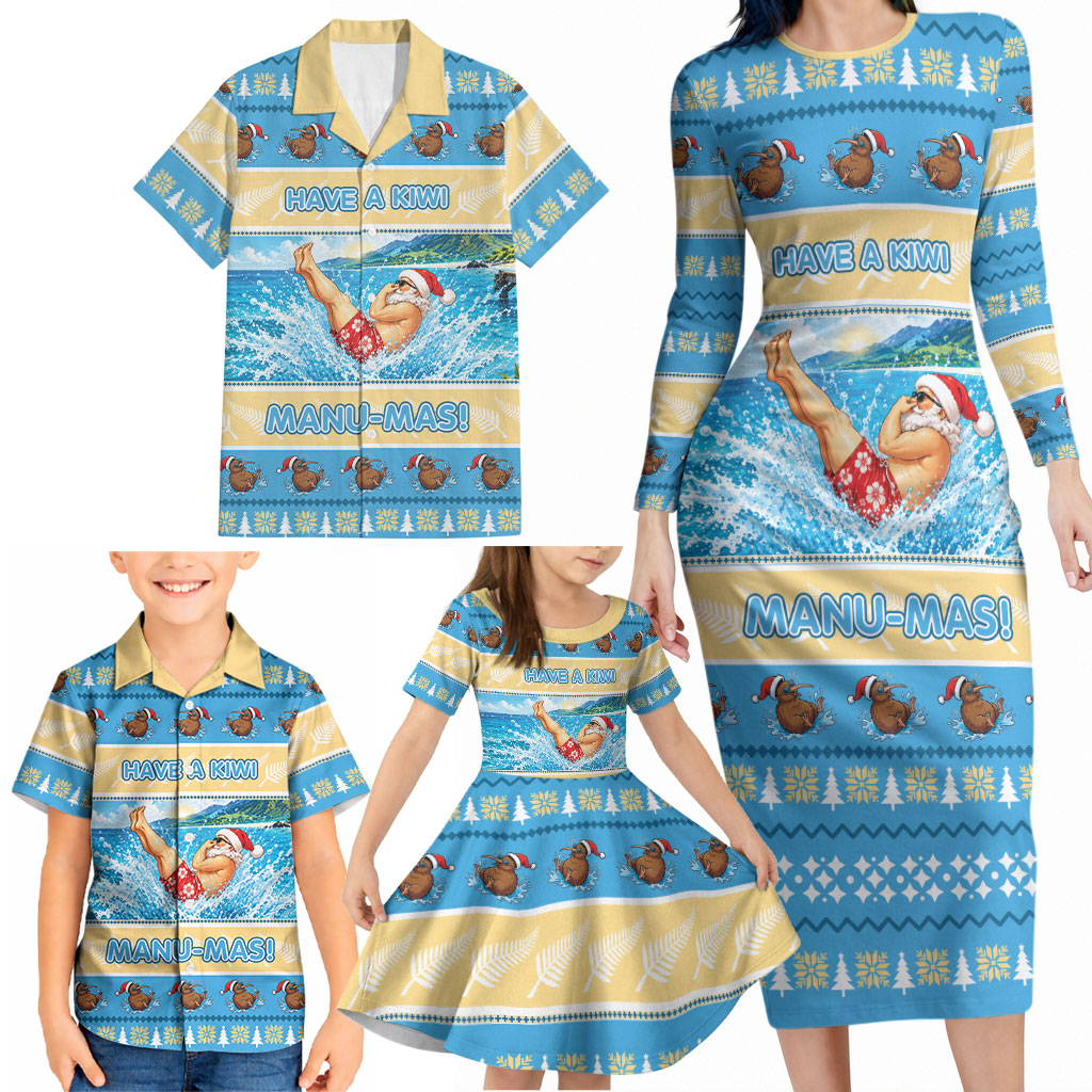 New Zealand Christmas Family Matching Long Sleeve Bodycon Dress and Hawaiian Shirt Have A Kiwi Manu-Mas