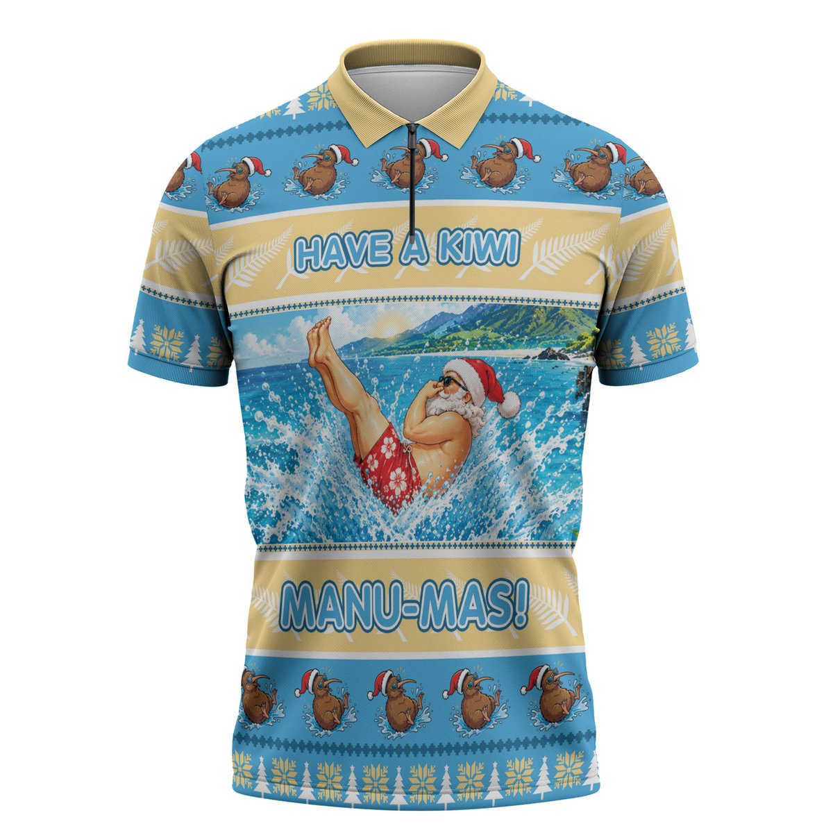 New Zealand Christmas Zipper Polo Shirt Have A Kiwi Manu-Mas