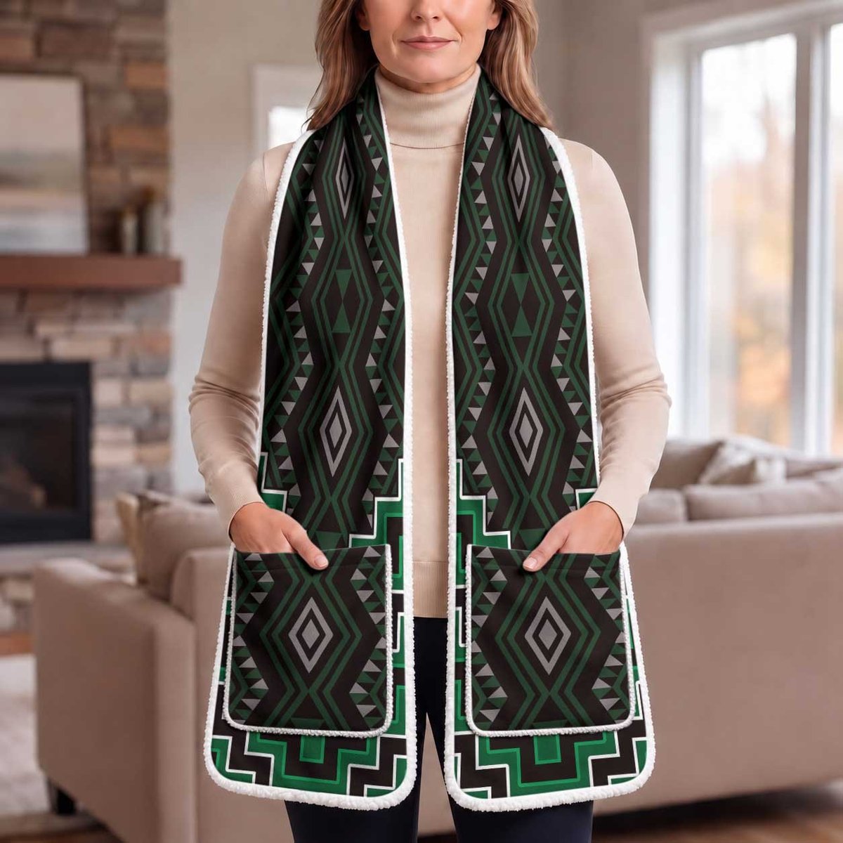 New Zealand Aotearoa Pocket Scarf Green Poutama With Taniko Pattern