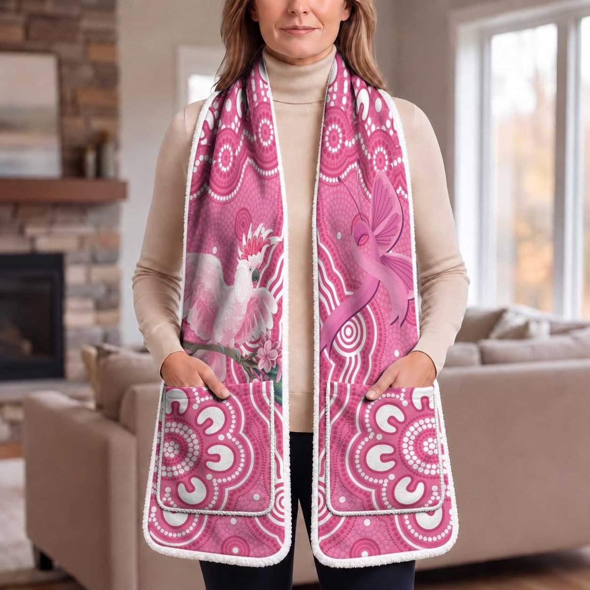 Australia Breast Cancer Awareness Pocket Scarf Pink Cockatoo Ribbon Aboriginal Art
