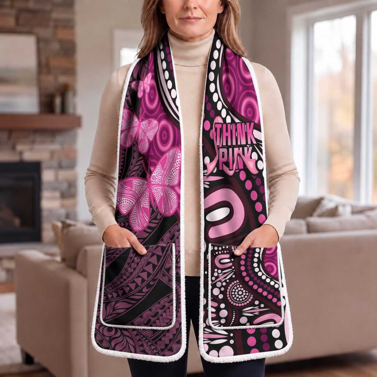 Think Pink Breast Cancer Awareness Pocket Scarf Butterfly Aboriginal Mix Polynesian Pattern