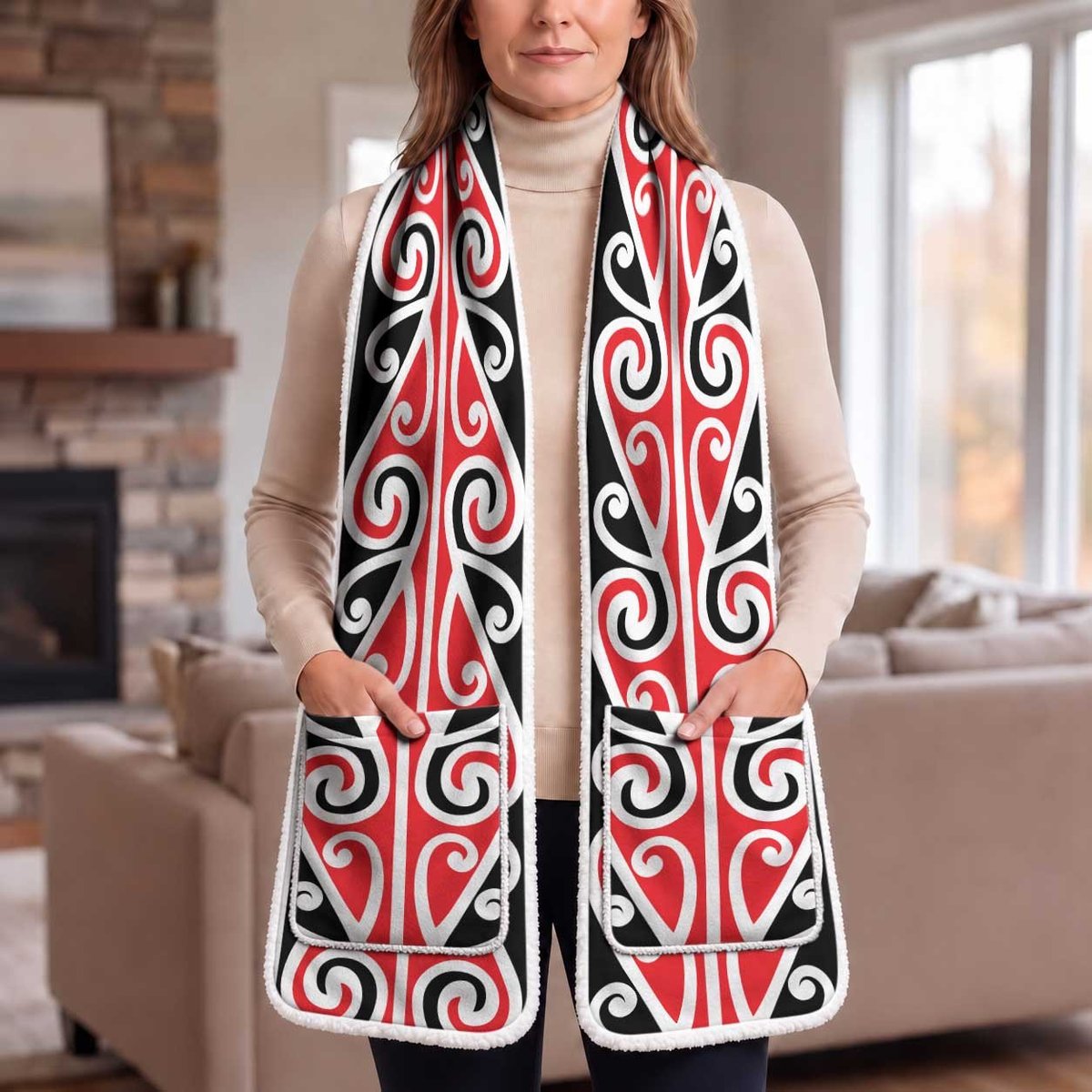 New Zealand Maori Kowhaiwhai Ngaru Pocket Scarf