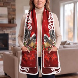 Meri Kirihimete New Zealand Piwakawaka Santa Pocket Scarf Pohutukawa Aotearoa Maori Pattern