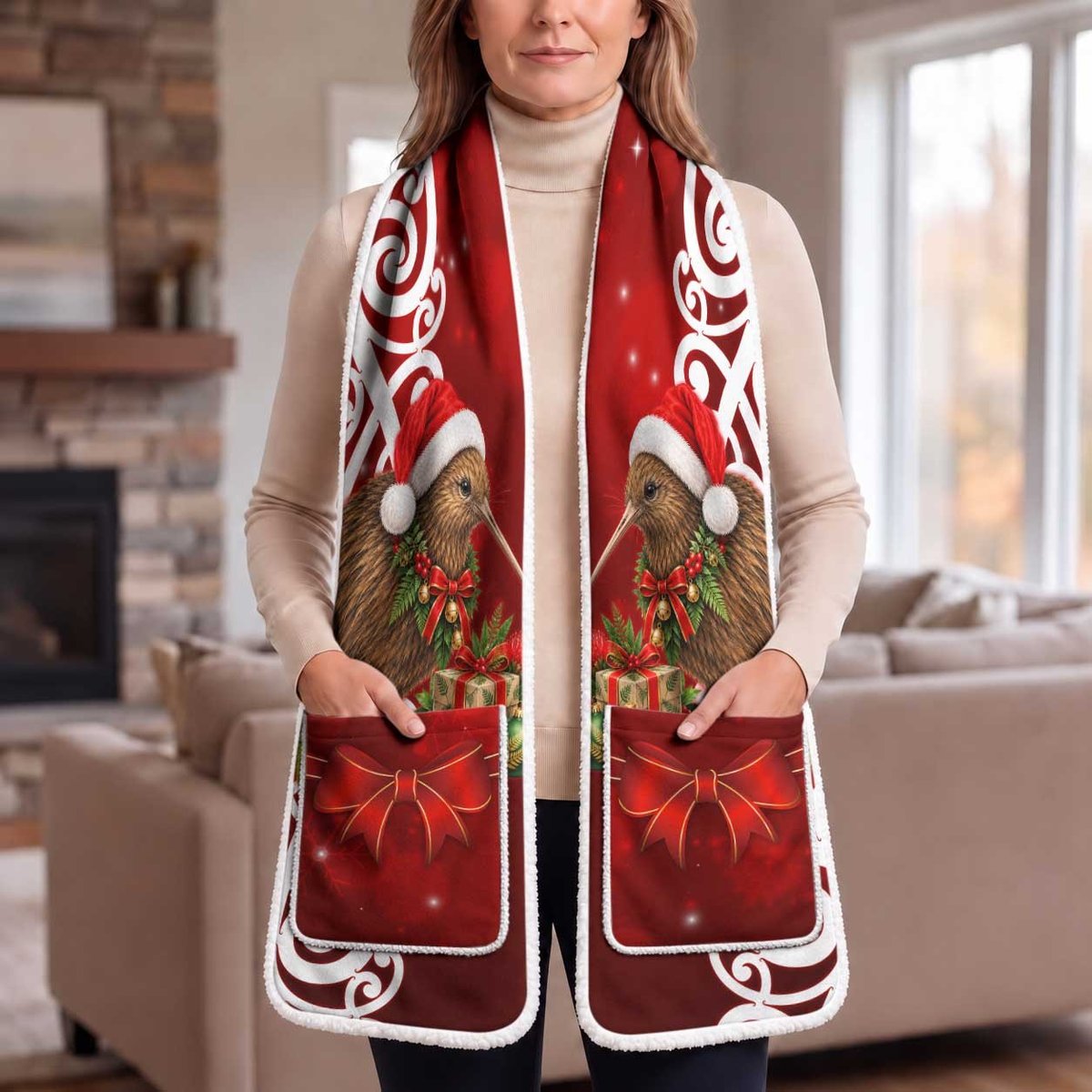 Meri Kirihimete New Zealand Kiwi Santa Pocket Scarf Pohutukawa Aotearoa Maori Pattern