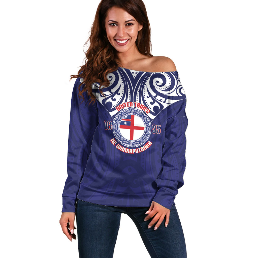 New Zealand United Tribes Te Kara Off Shoulder Sweater He Whakaputanga Maori Pattern