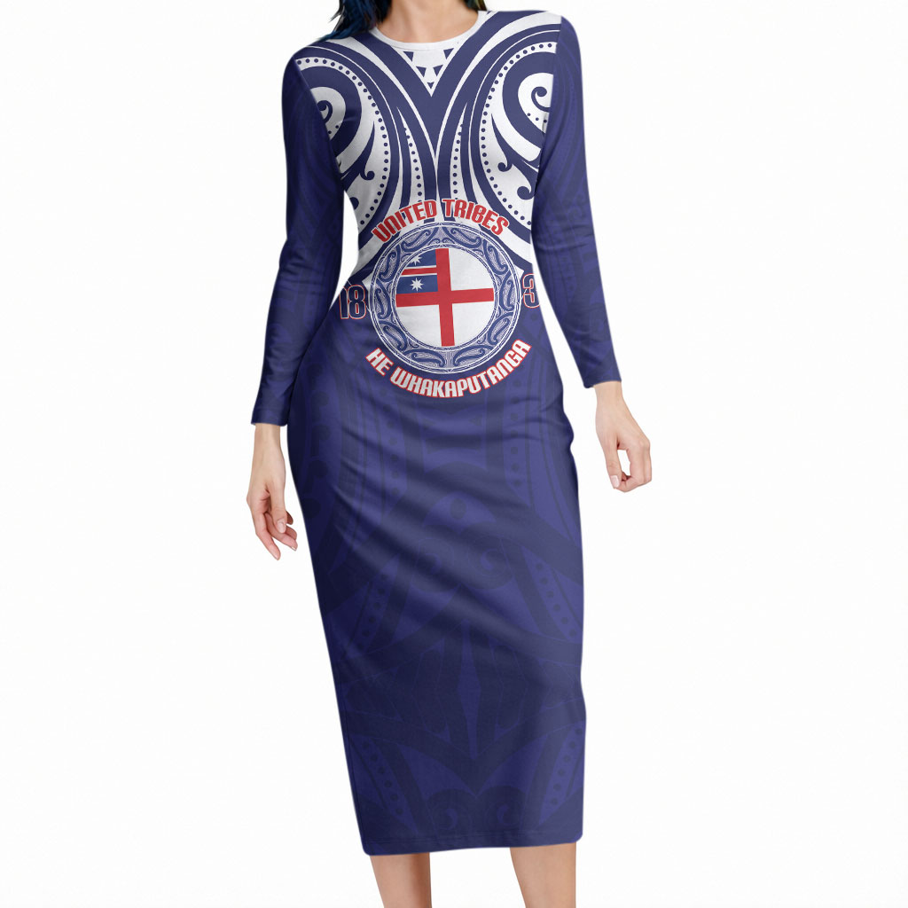 New Zealand United Tribes Te Kara Long Sleeve Bodycon Dress He Whakaputanga Maori Pattern