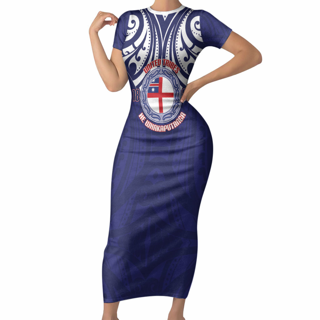 New Zealand United Tribes Te Kara Short Sleeve Bodycon Dress He Whakaputanga Maori Pattern