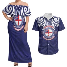 New Zealand United Tribes Te Kara Couples Matching Off Shoulder Maxi Dress and Hawaiian Shirt He Whakaputanga Maori Pattern