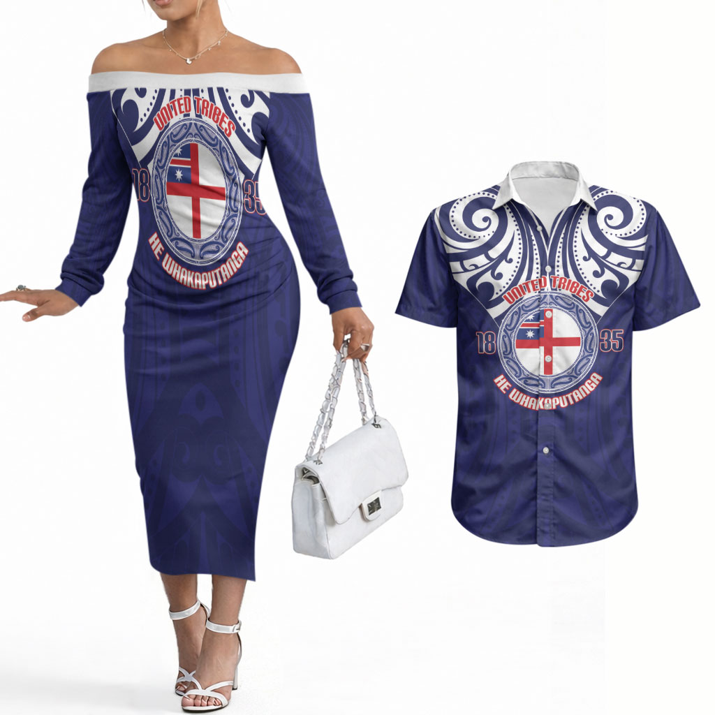 New Zealand United Tribes Te Kara Couples Matching Off The Shoulder Long Sleeve Dress and Hawaiian Shirt He Whakaputanga Maori Pattern