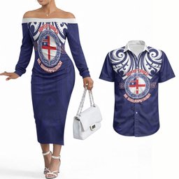 New Zealand United Tribes Te Kara Couples Matching Off The Shoulder Long Sleeve Dress and Hawaiian Shirt He Whakaputanga Maori Pattern