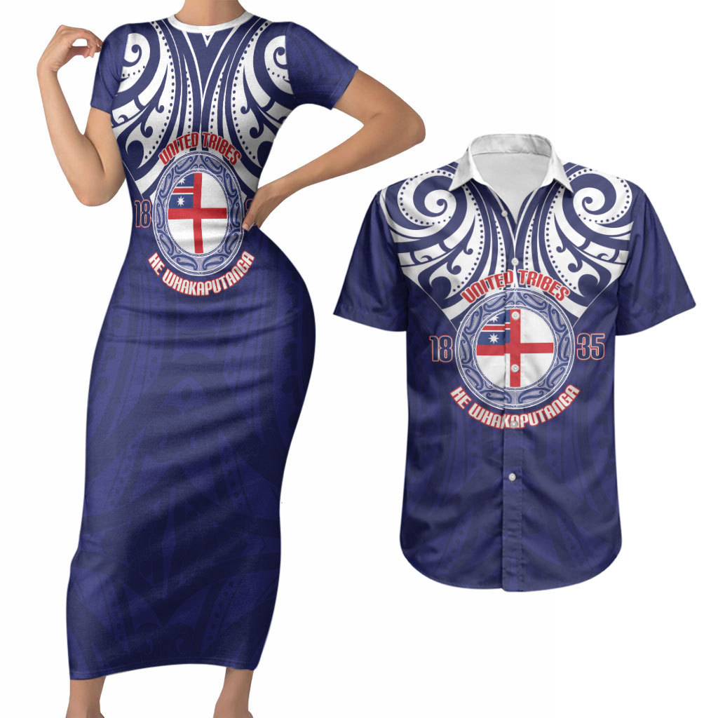New Zealand United Tribes Te Kara Couples Matching Short Sleeve Bodycon Dress and Hawaiian Shirt He Whakaputanga Maori Pattern