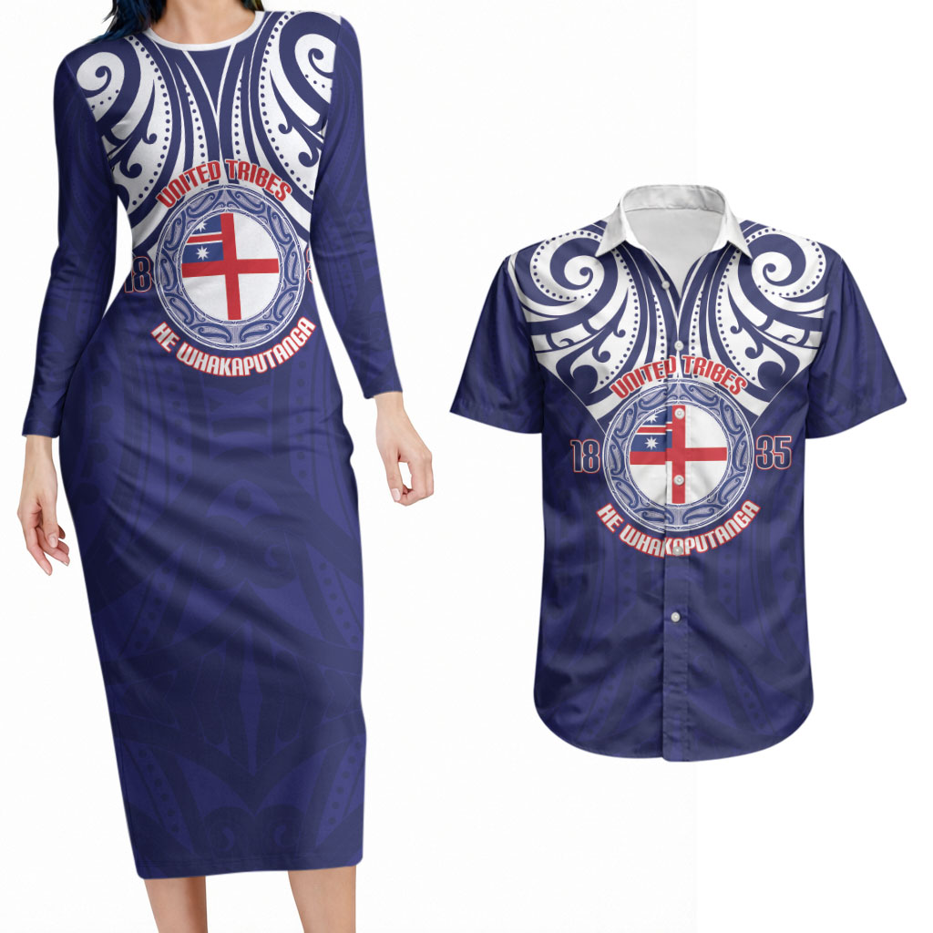 New Zealand United Tribes Te Kara Couples Matching Long Sleeve Bodycon Dress and Hawaiian Shirt He Whakaputanga Maori Pattern