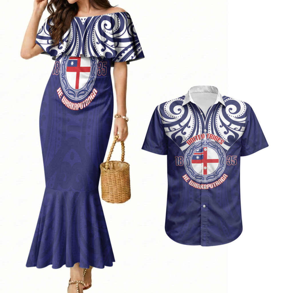 New Zealand United Tribes Te Kara Couples Matching Mermaid Dress and Hawaiian Shirt He Whakaputanga Maori Pattern
