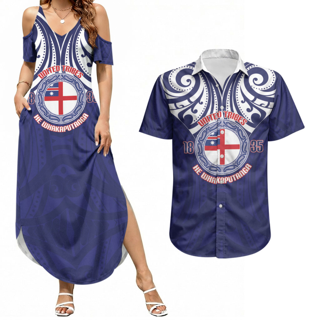 New Zealand United Tribes Te Kara Couples Matching Summer Maxi Dress and Hawaiian Shirt He Whakaputanga Maori Pattern
