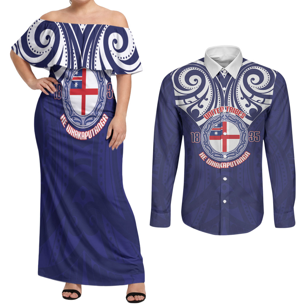 New Zealand United Tribes Te Kara Couples Matching Off Shoulder Maxi Dress and Long Sleeve Button Shirt He Whakaputanga Maori Pattern