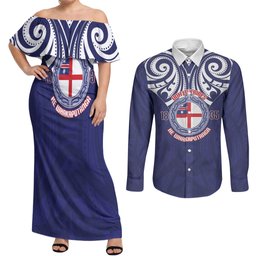 New Zealand United Tribes Te Kara Couples Matching Off Shoulder Maxi Dress and Long Sleeve Button Shirt He Whakaputanga Maori Pattern