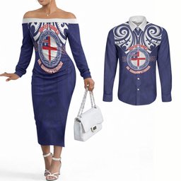 New Zealand United Tribes Te Kara Couples Matching Off The Shoulder Long Sleeve Dress and Long Sleeve Button Shirt He Whakaputanga Maori Pattern