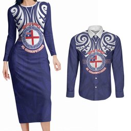 New Zealand United Tribes Te Kara Couples Matching Long Sleeve Bodycon Dress and Long Sleeve Button Shirt He Whakaputanga Maori Pattern