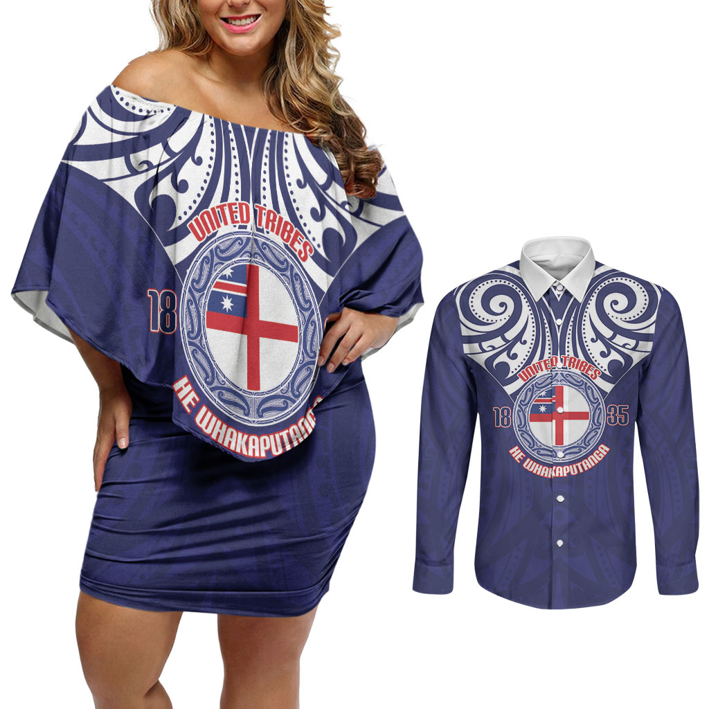 New Zealand United Tribes Te Kara Couples Matching Off Shoulder Short Dress and Long Sleeve Button Shirt He Whakaputanga Maori Pattern