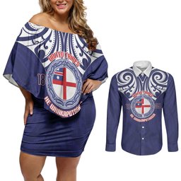 New Zealand United Tribes Te Kara Couples Matching Off Shoulder Short Dress and Long Sleeve Button Shirt He Whakaputanga Maori Pattern