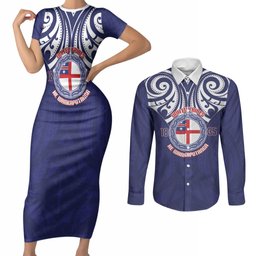 New Zealand United Tribes Te Kara Couples Matching Short Sleeve Bodycon Dress and Long Sleeve Button Shirt He Whakaputanga Maori Pattern