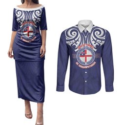 New Zealand United Tribes Te Kara Couples Matching Puletasi and Long Sleeve Button Shirt He Whakaputanga Maori Pattern