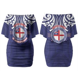 New Zealand United Tribes Te Kara Couples Matching Off Shoulder Short Dress and Long Sleeve Button Shirt He Whakaputanga Maori Pattern