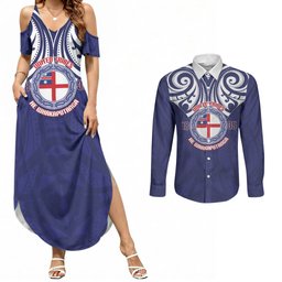 New Zealand United Tribes Te Kara Couples Matching Summer Maxi Dress and Long Sleeve Button Shirt He Whakaputanga Maori Pattern