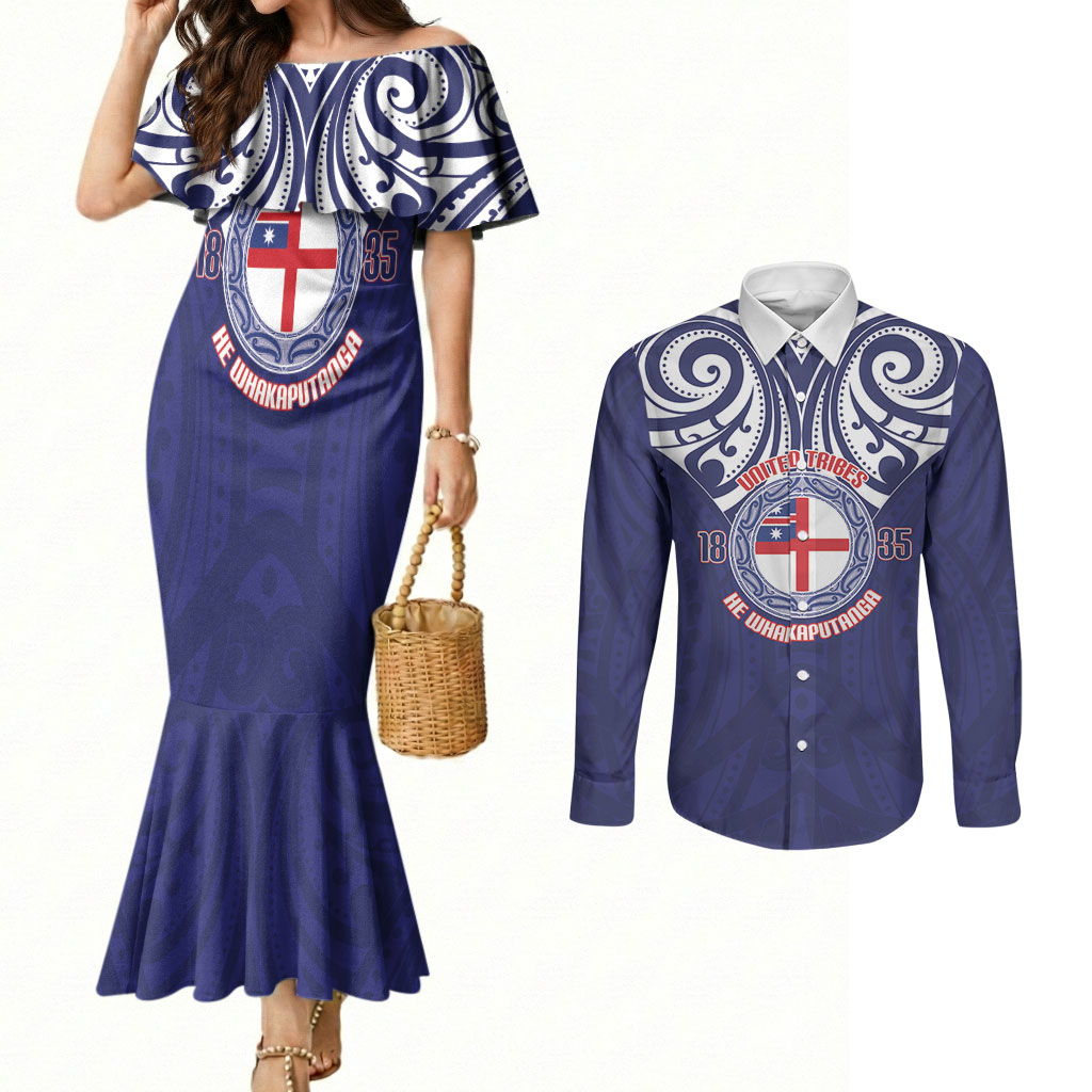 New Zealand United Tribes Te Kara Couples Matching Mermaid Dress and Long Sleeve Button Shirt He Whakaputanga Maori Pattern
