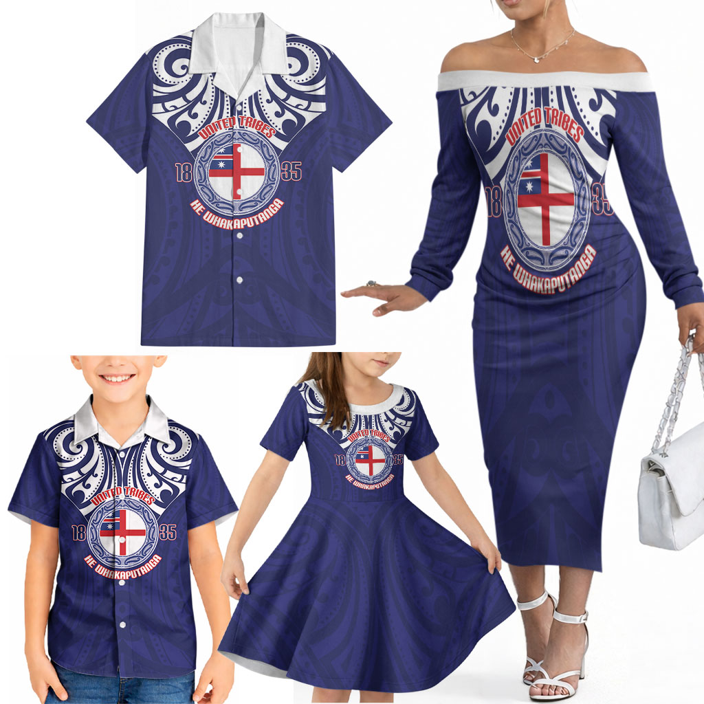 New Zealand United Tribes Te Kara Family Matching Off The Shoulder Long Sleeve Dress and Hawaiian Shirt He Whakaputanga Maori Pattern