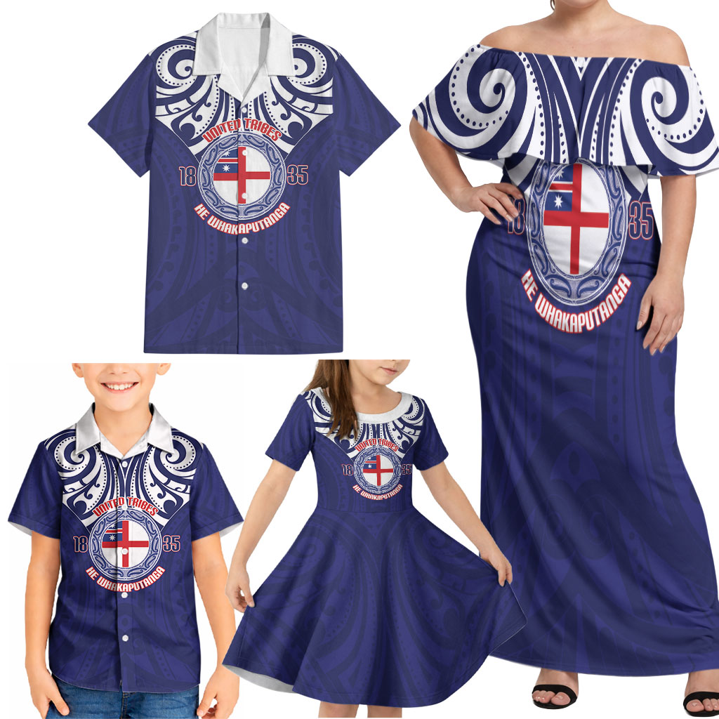 New Zealand United Tribes Te Kara Family Matching Off Shoulder Maxi Dress and Hawaiian Shirt He Whakaputanga Maori Pattern
