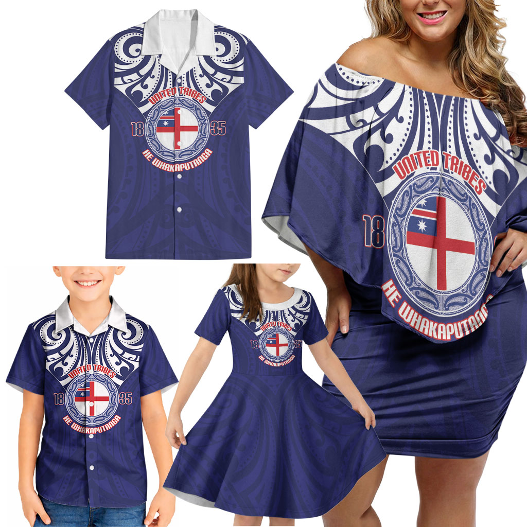 New Zealand United Tribes Te Kara Family Matching Off Shoulder Short Dress and Hawaiian Shirt He Whakaputanga Maori Pattern