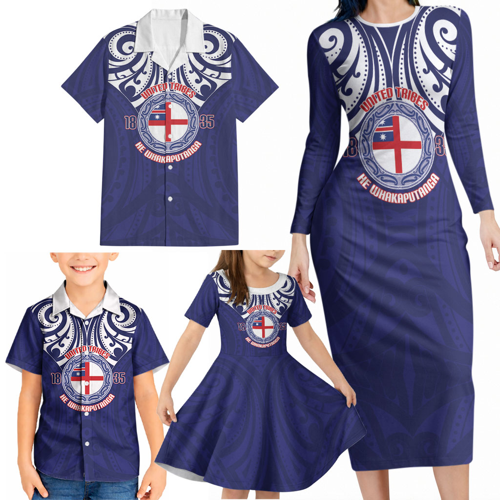 New Zealand United Tribes Te Kara Family Matching Long Sleeve Bodycon Dress and Hawaiian Shirt He Whakaputanga Maori Pattern